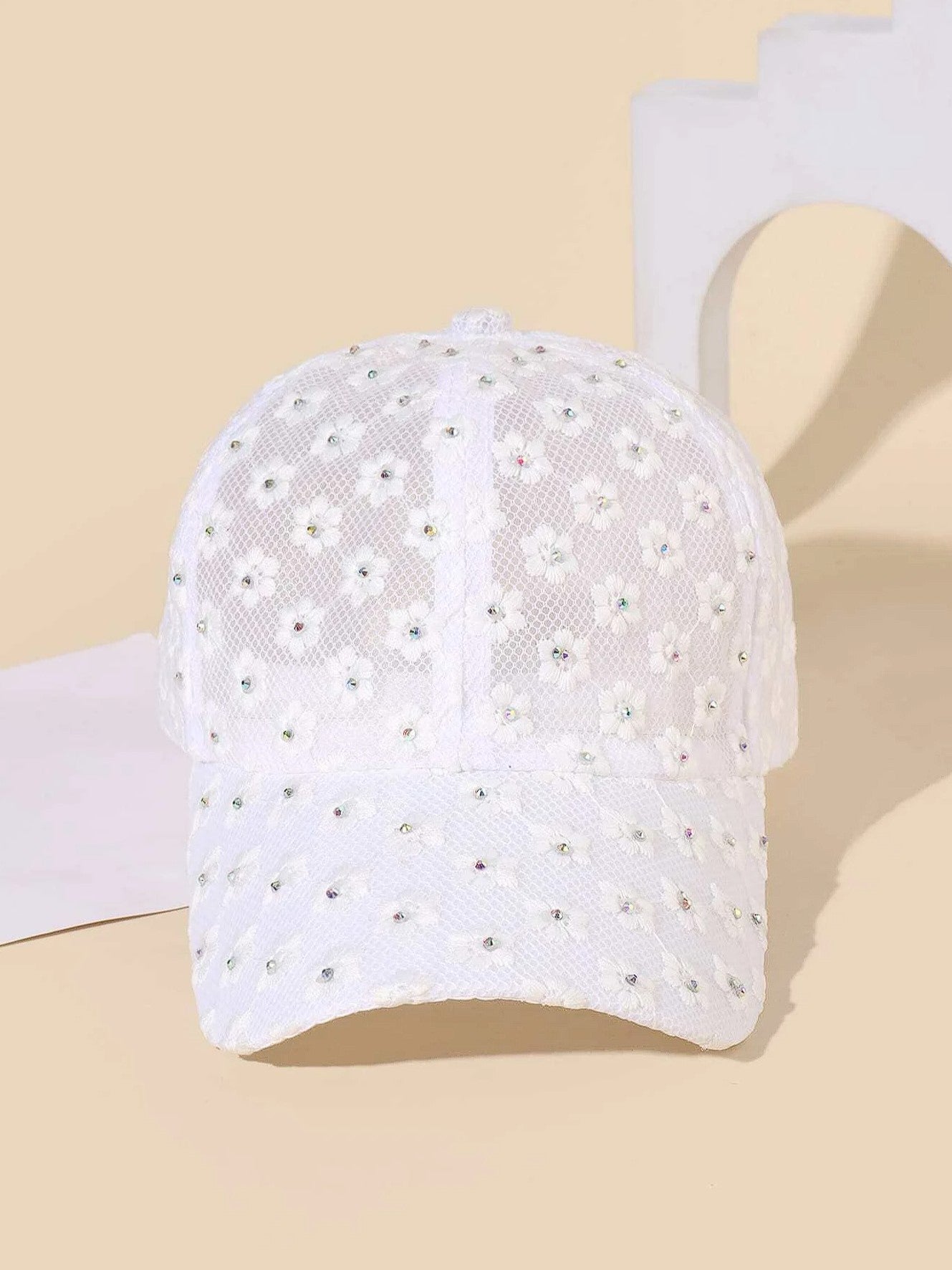 Floral Rhinestone Baseball Hat in White