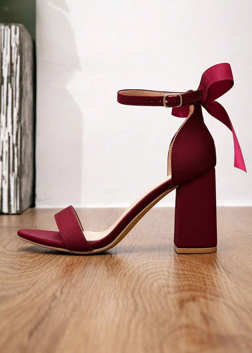 Trish Bow Ankle Strap Heels Satin Burgundy