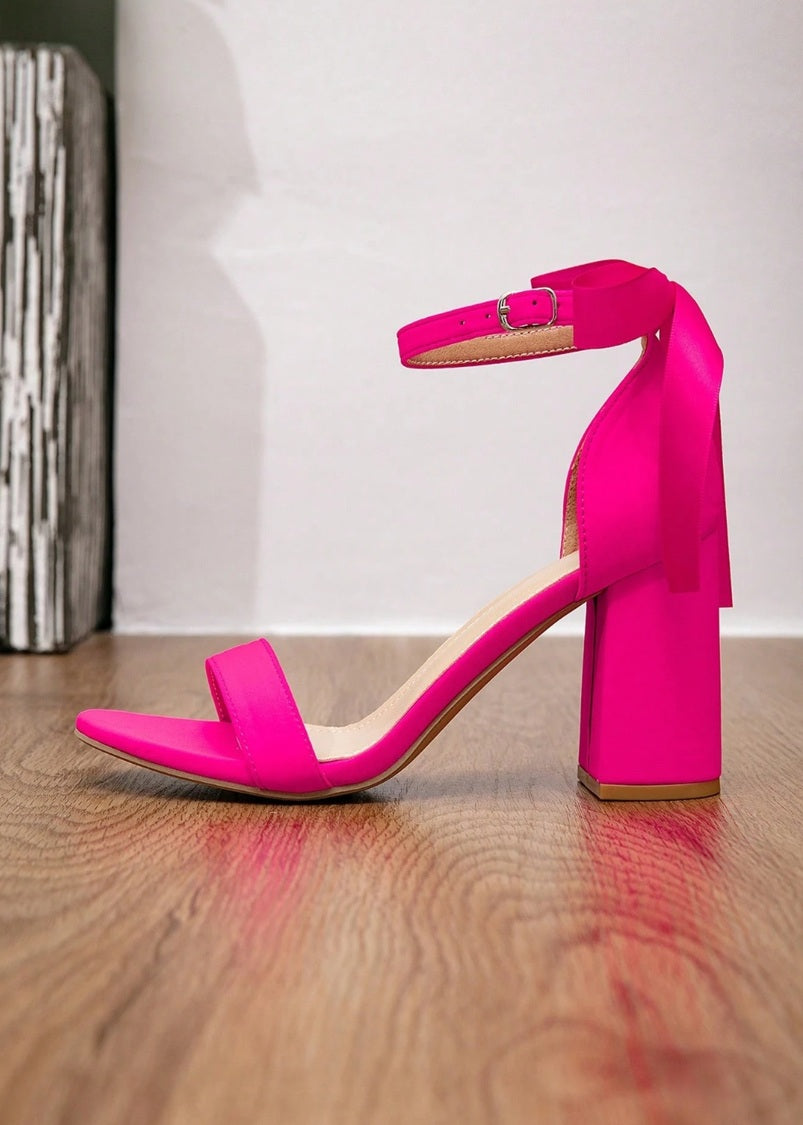 Trish Ankle Strap Bow Heels Satin Neon Pink
