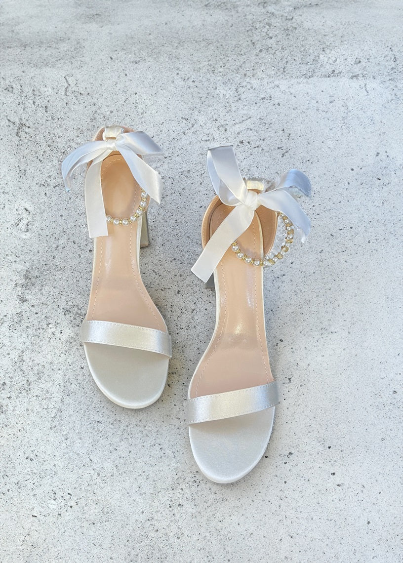 Trish Pearl Ankle Strap Bow Heels Satin