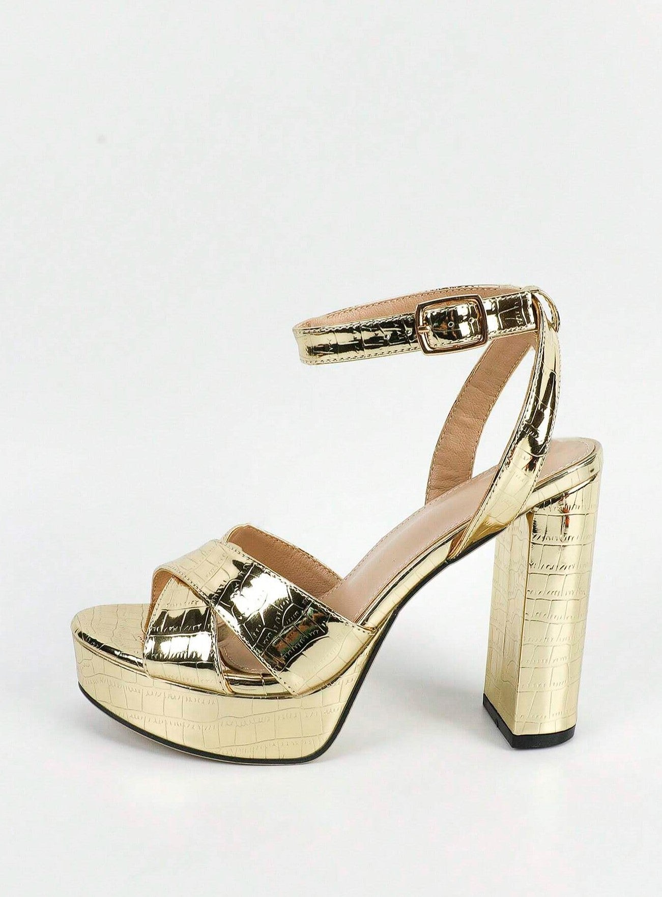 Lorah Open Toe Ankle Platform Heels in Patent Gold