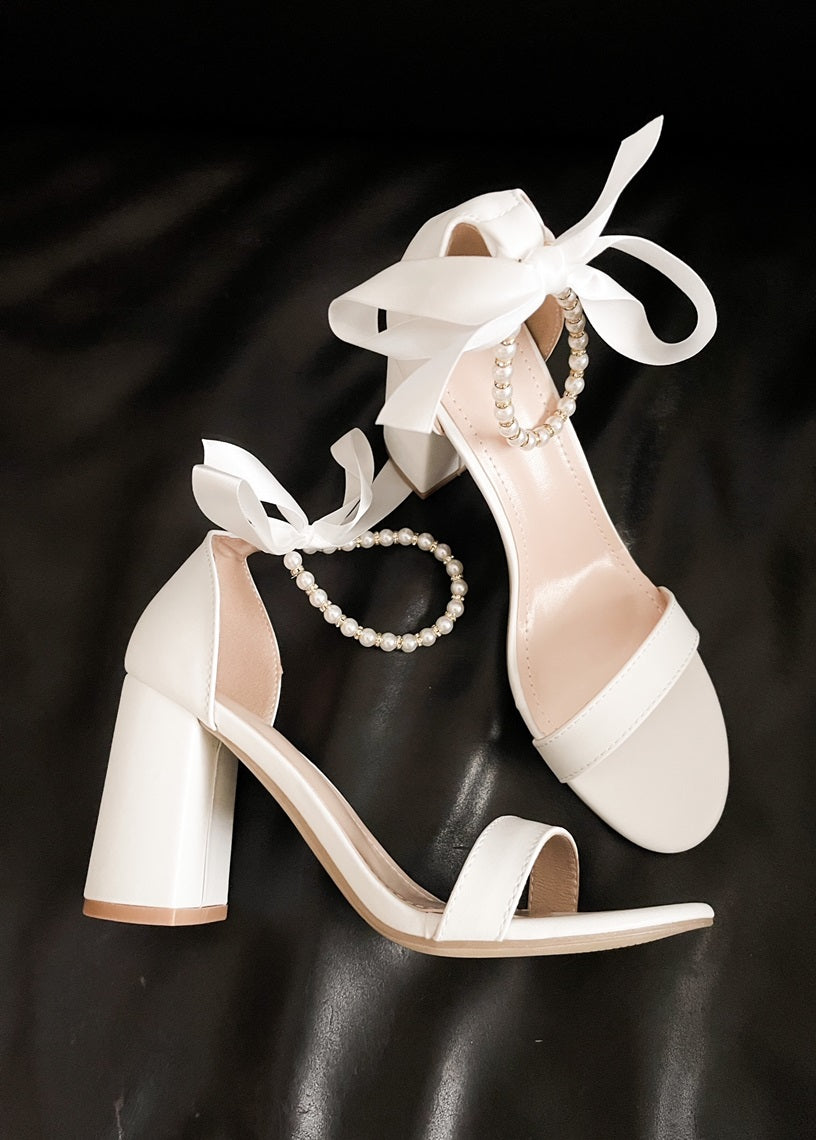 Trish Pearl Ankle Strap Bow Heels in White