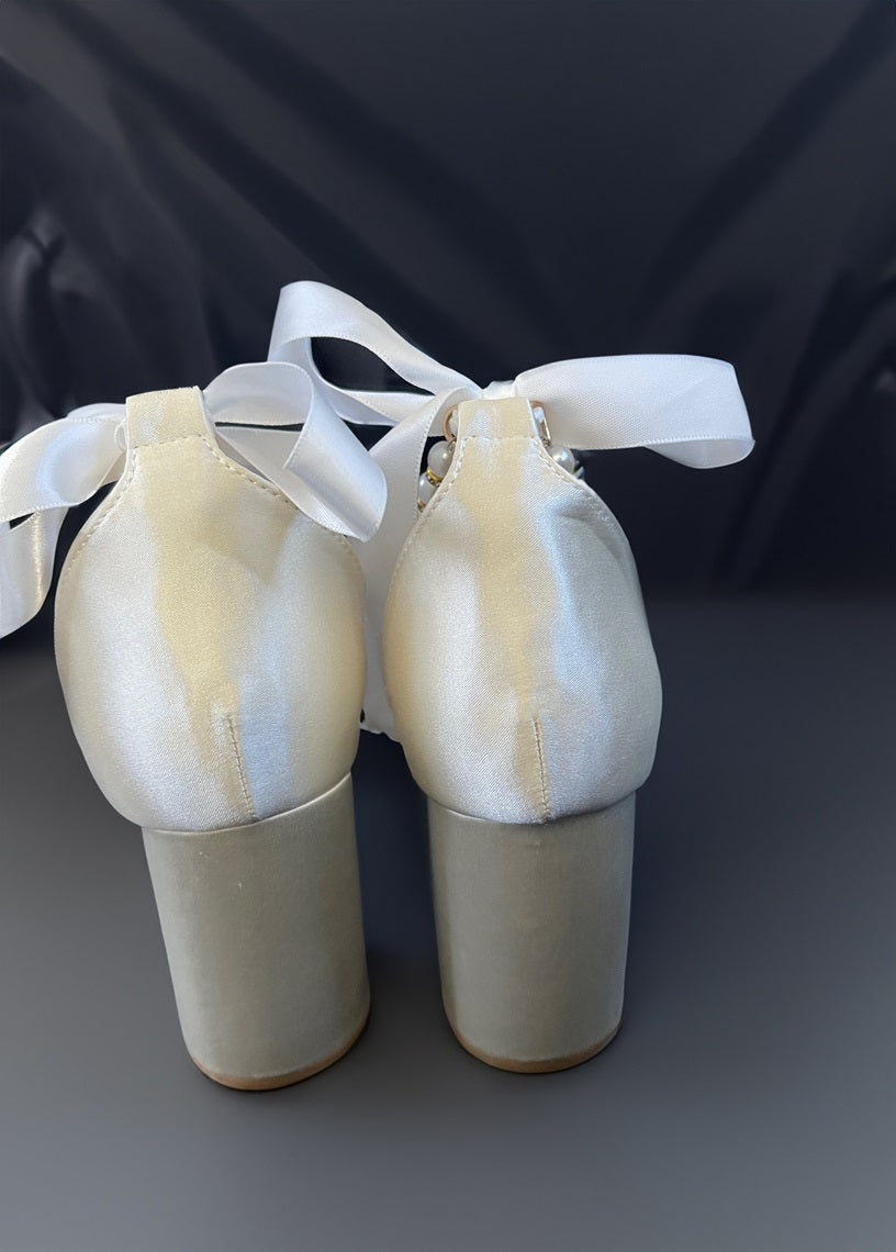 Trish Pearl Ankle Strap Bow Heels Satin