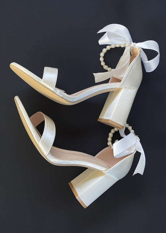 Trish Pearl Ankle Strap Bow Heels Satin