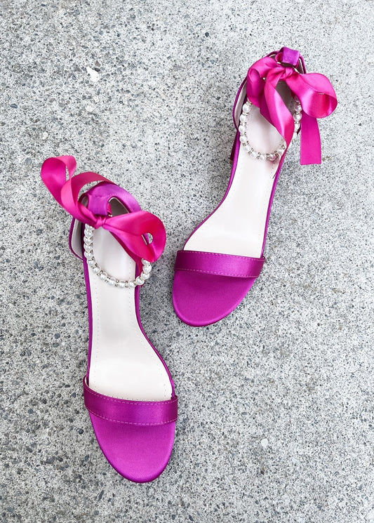 Trish Pearl Ankle Strap Satin Heels in Hot Pink, Front View