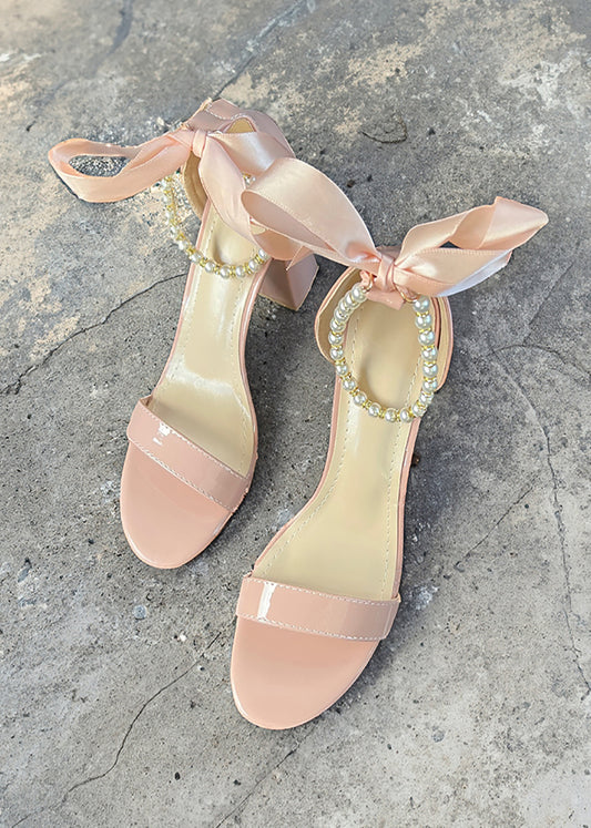 Trish Pearl Ankle Strap Bow Heels in Patent Light Pink