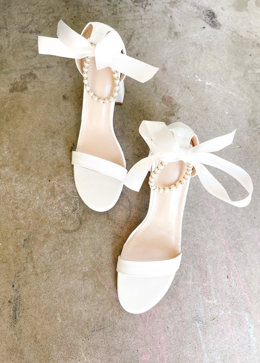 Trish Pearl Ankle Strap Heels in White