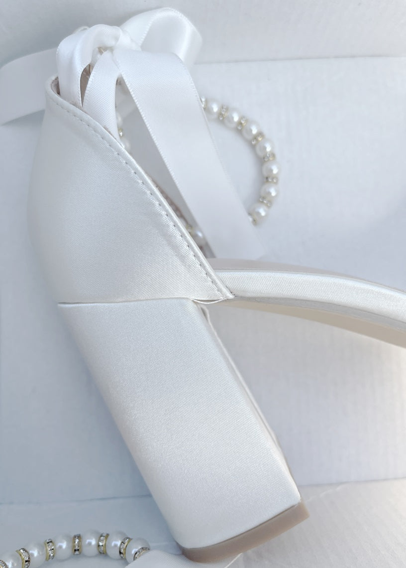 Trish Pearl Ankle Strap Bow Heels Satin