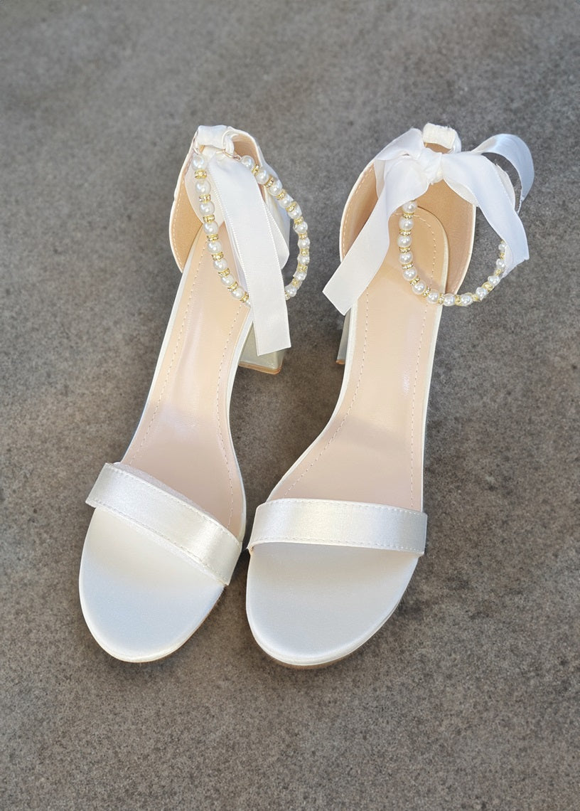 Trish Pearl Ankle Strap Bow Heels Satin