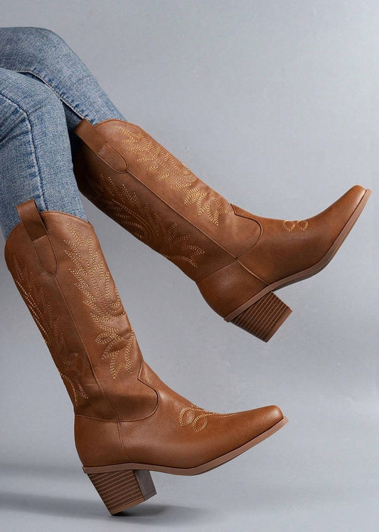 Rosanne Western CowGirl Faux Leather Boots in Brown