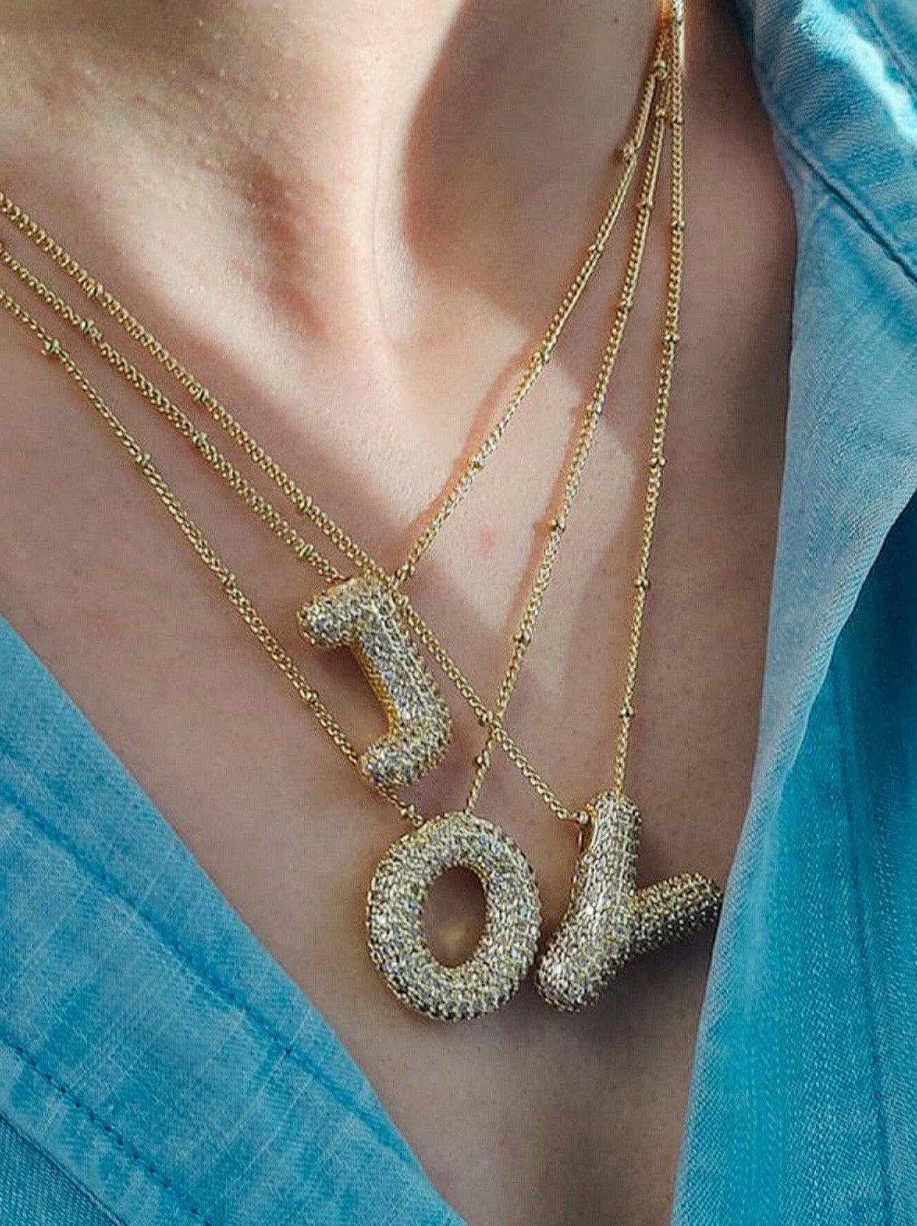 Bubble Letter Monogram faux Rhinestone Necklace