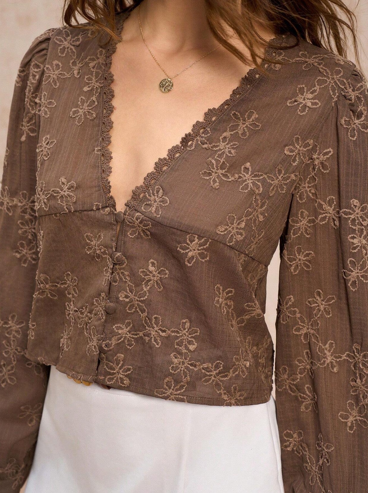 Suzette Embroidery Vneck Long Sleeve Blouse Shirt