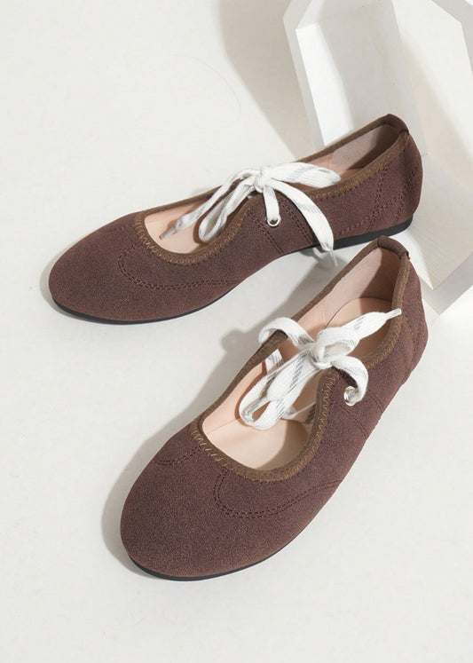 Danielle Faux Suede Ballerina Lace Up Flats Brown