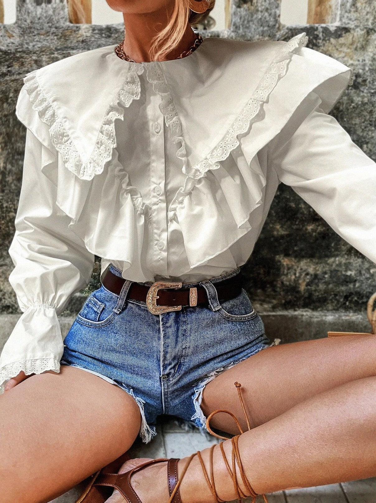 Adalee Collar Button-Front Long Sleeve Blouse