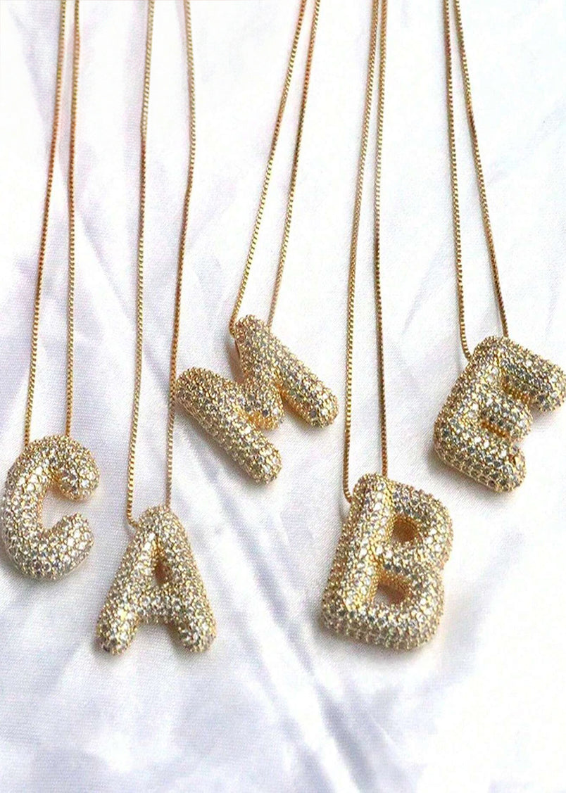 Bubble Letter Monogram faux Rhinestone Necklace