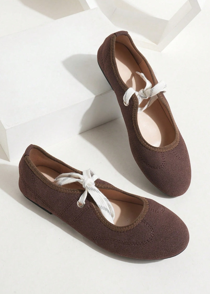 Danielle Faux Suede Ballerina Lace Up Flats Brown