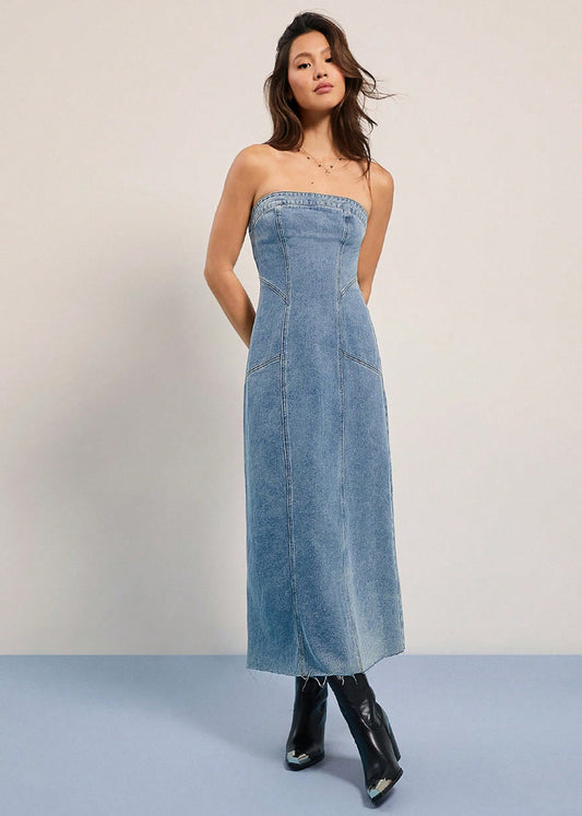 Lydia Strapless Denim Pencil Midi Dress