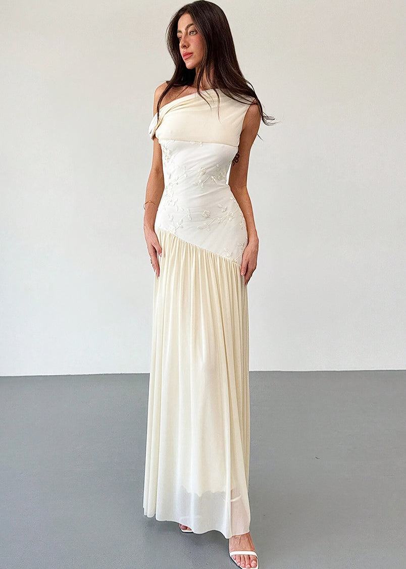 Isabella Off the Shoulder Mesh Floral Embroidered Maxi Dress