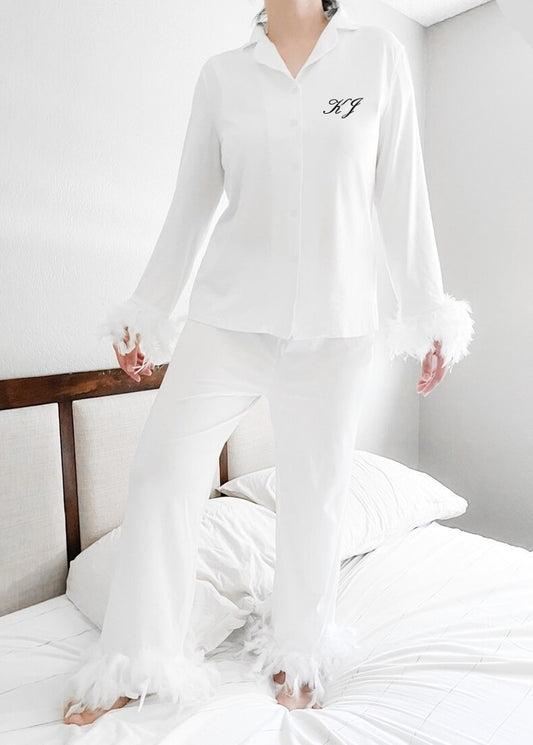 White Satin Feather Pajama Top and Bottom Set
