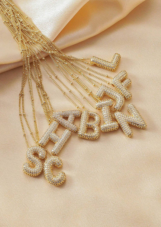 Bubble Letter Monogram faux Rhinestone Necklace