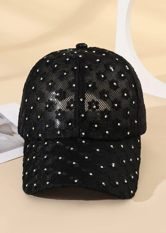 Floral Rhinestone Baseball Hat in Black