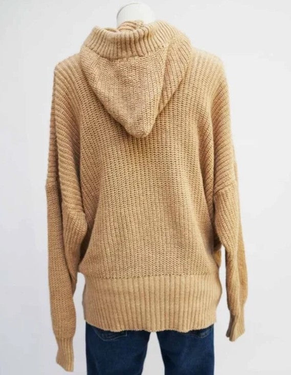 Tan Knit Pullover Long Sleeve Hoodie