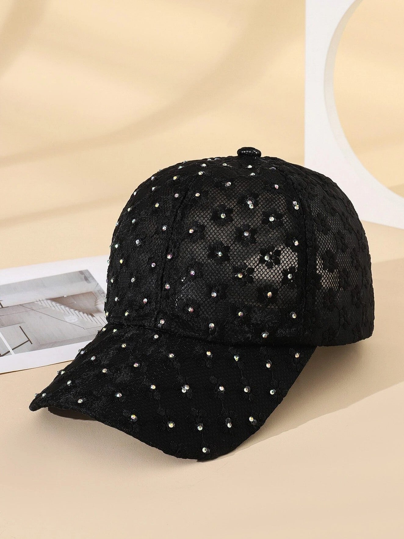 Floral Rhinestone Baseball Hat in Black